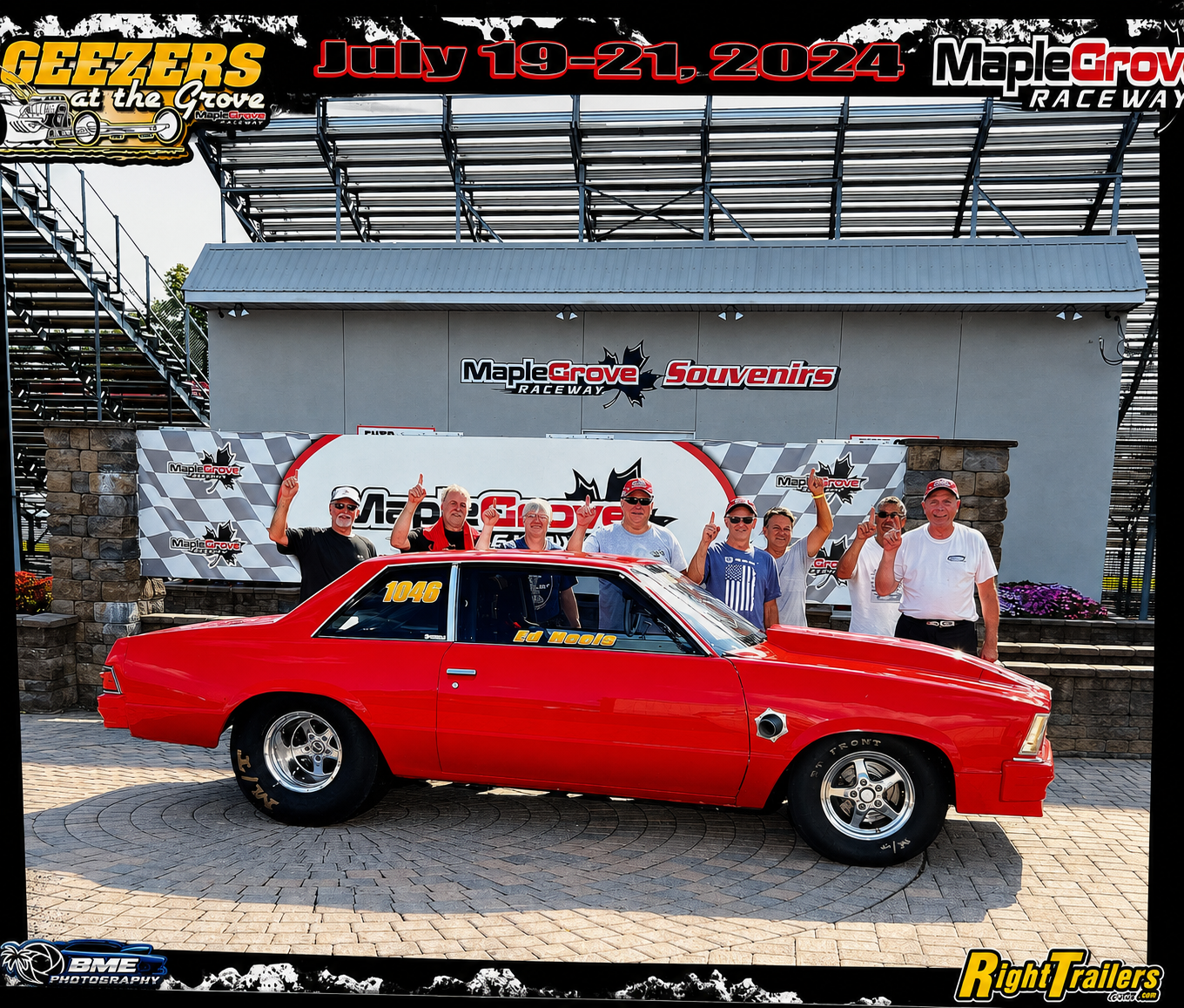 A red classic muscle car is parked  in the winners circle at Maple Grove Raceway  Geezers at the Grove and RightTailers are visible around the image.